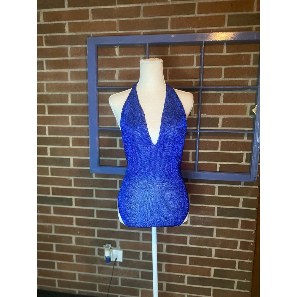 superdown Soarelle Deep V Bodysuit Blue Metallic Straps Open Back XS NWT
